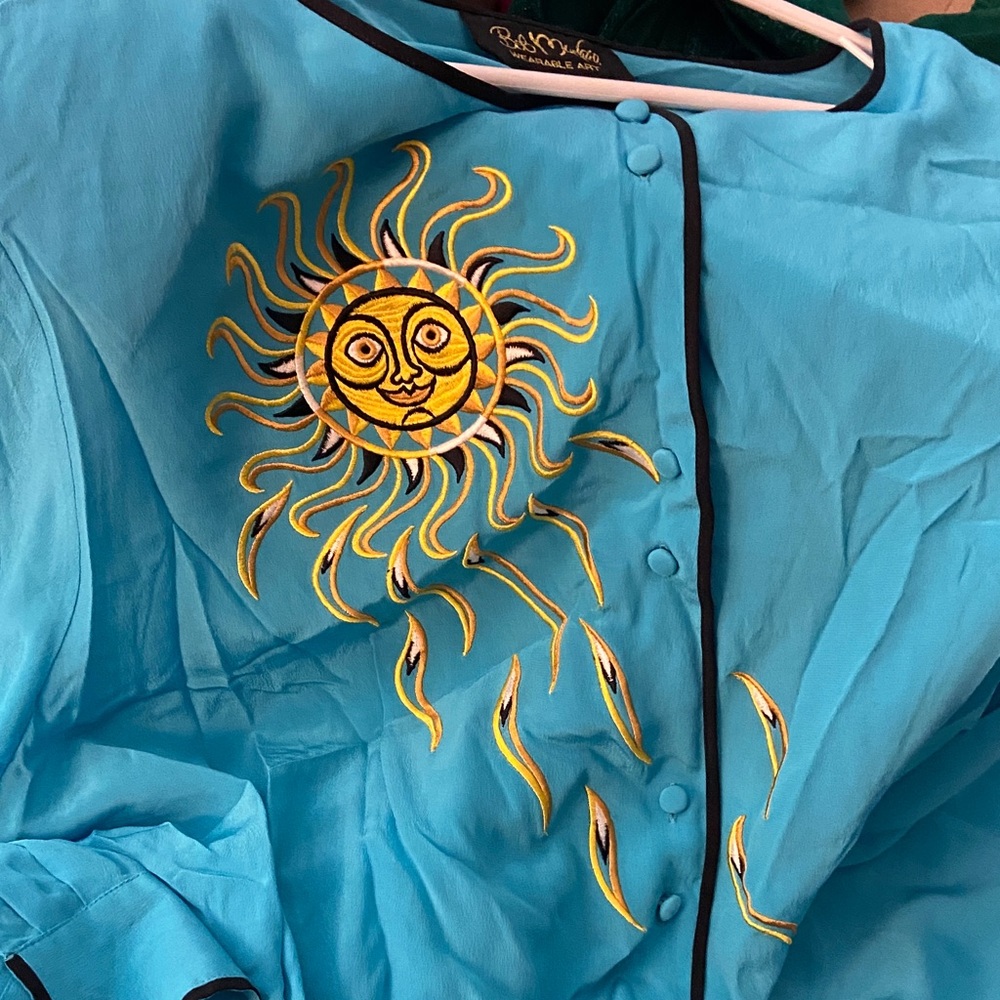 Bob Mackie Turquoise Button-Front Top with Yellow Sun Embroidery